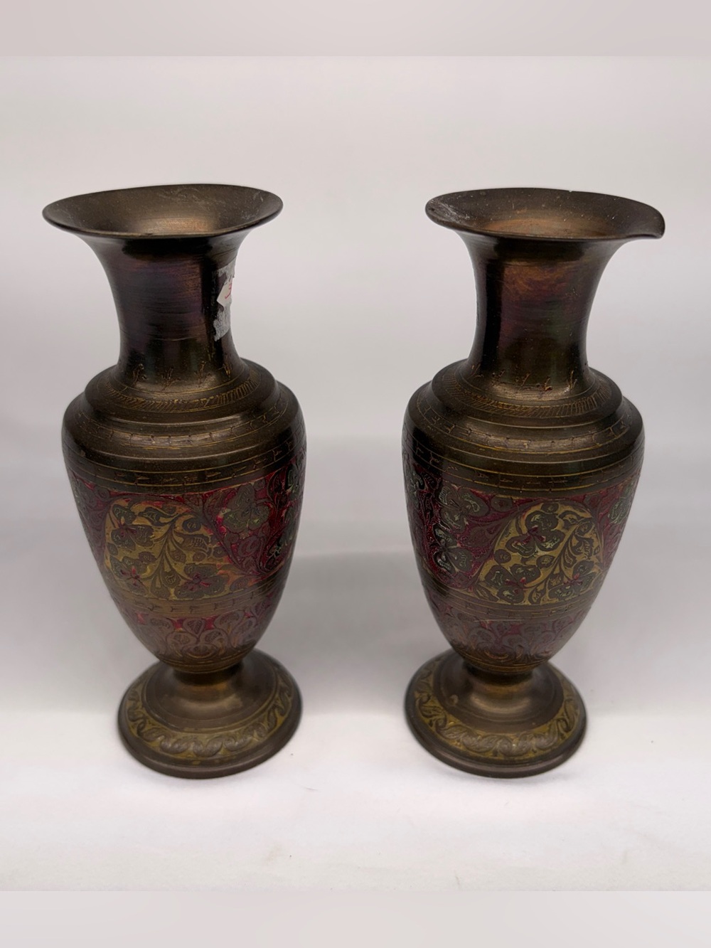 Vintage Etched Brass Enamel Floral Vases Pair Made in India Boho Decor Set of 2